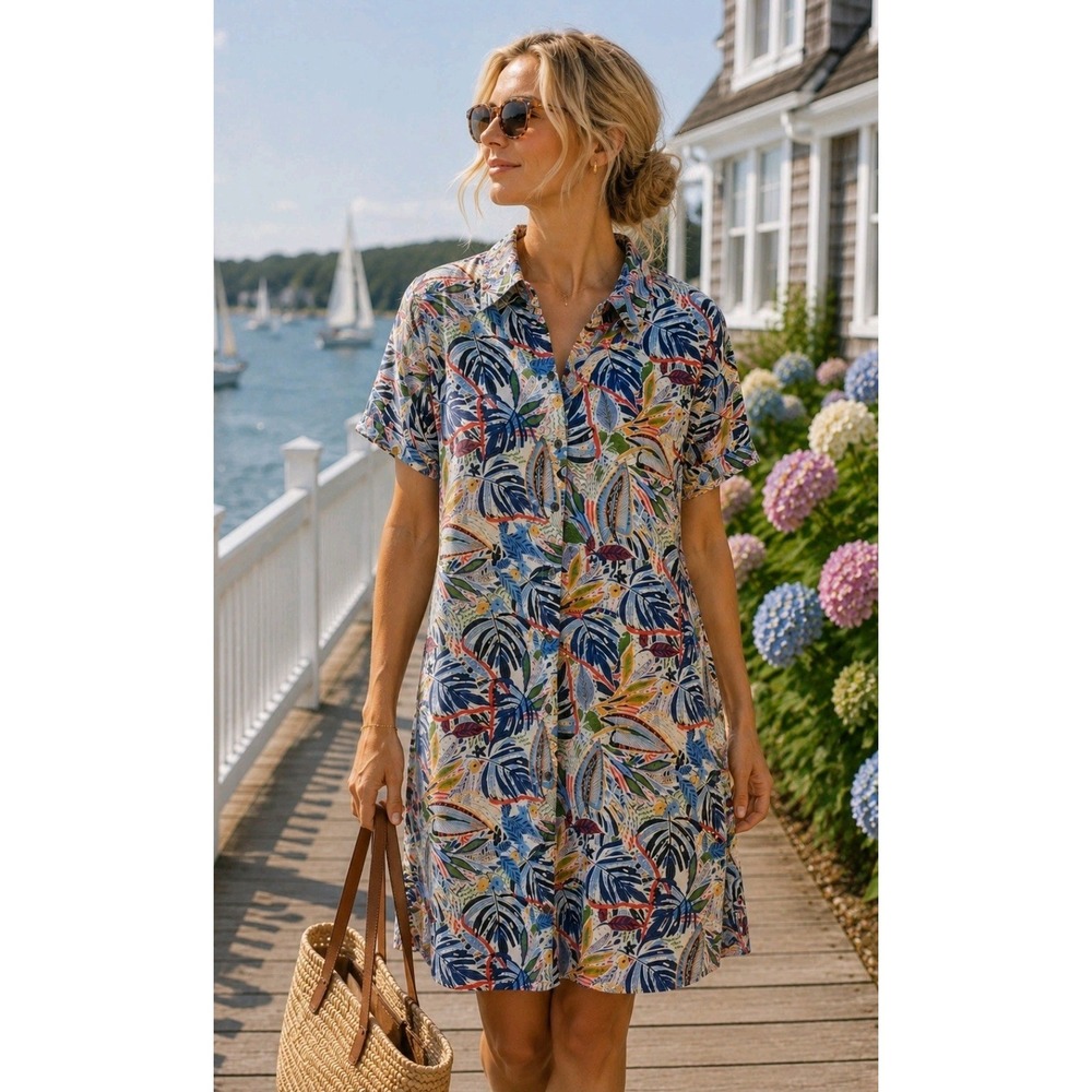 C&C California Women's Lg 100% Linen Tropical Leaf Print Button Front Mini Dress